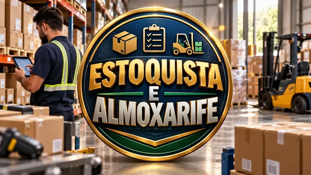 Arte ilustrativa 16:9 sobre vagas de estoquista e almoxarife, categoria empregos, no AulaFocus