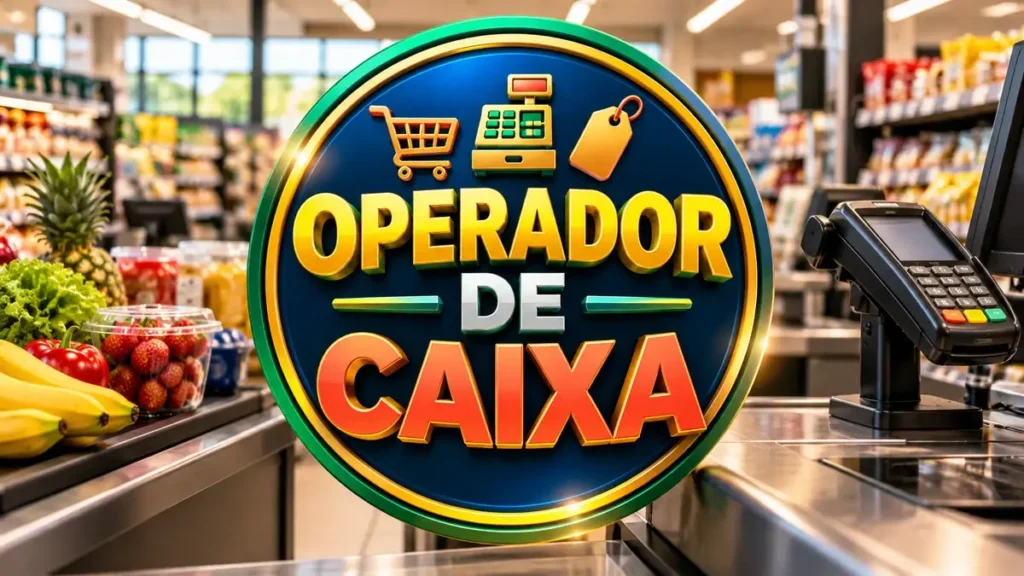 Arte ilustrativa 16:9 sobre vagas para operador de caixa, categoria empregos, no AulaFocus