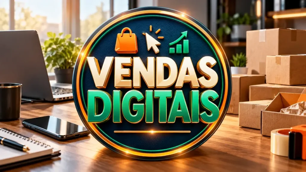 Arte ilustrativa 16:9 sobre vendas digitais home office, categoria empregos, no AulaFocus