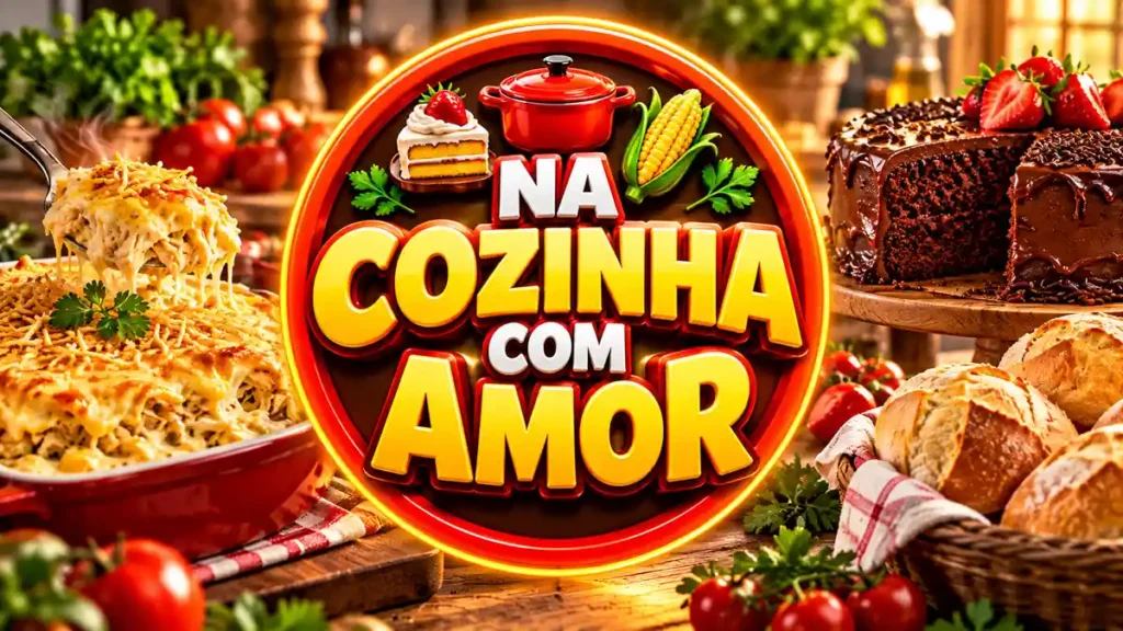 Ilustração editorial do tema Na Cozinha com Amor com pratos caseiros em ambiente de cozinha