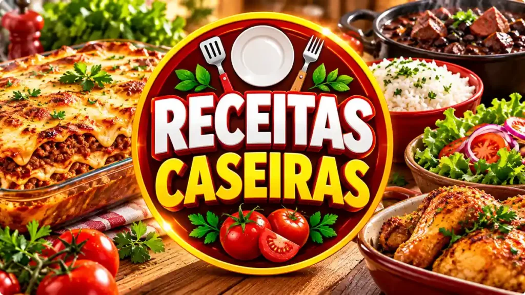 Ilustração editorial do tema Receitas Caseiras com pratos caseiros em ambiente de cozinha