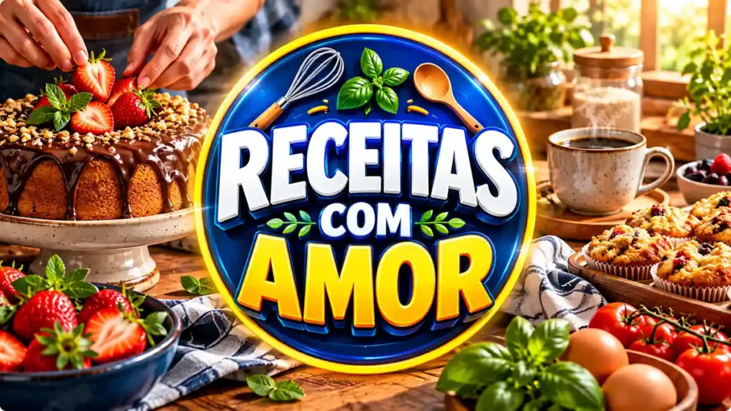 Ilustração editorial do tema Receitas com Amor com pratos caseiros em ambiente de cozinha