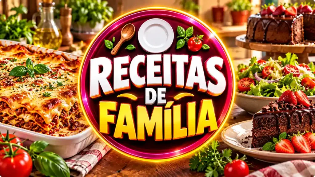 Ilustração editorial do tema Receitas de Família com pratos caseiros em ambiente de cozinha