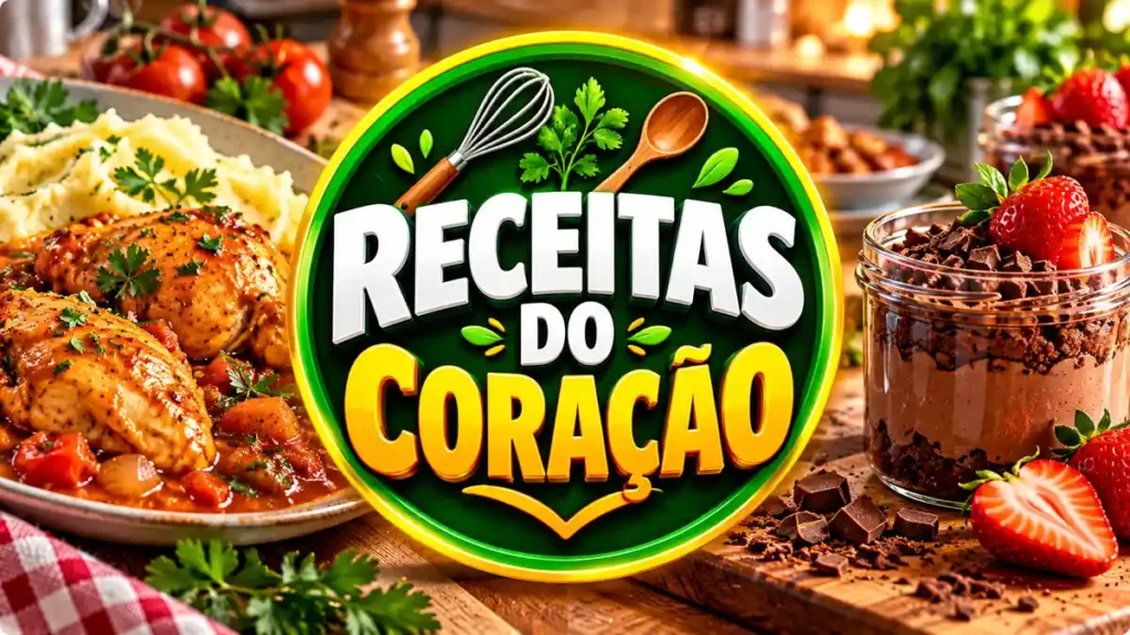 Ilustração editorial do tema Receitas do Coração com pratos caseiros em ambiente de cozinha