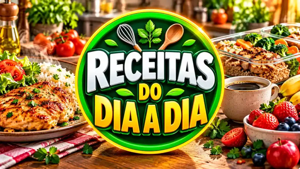 Ilustração editorial do tema Receitas do Dia a Dia com pratos caseiros em ambiente de cozinha