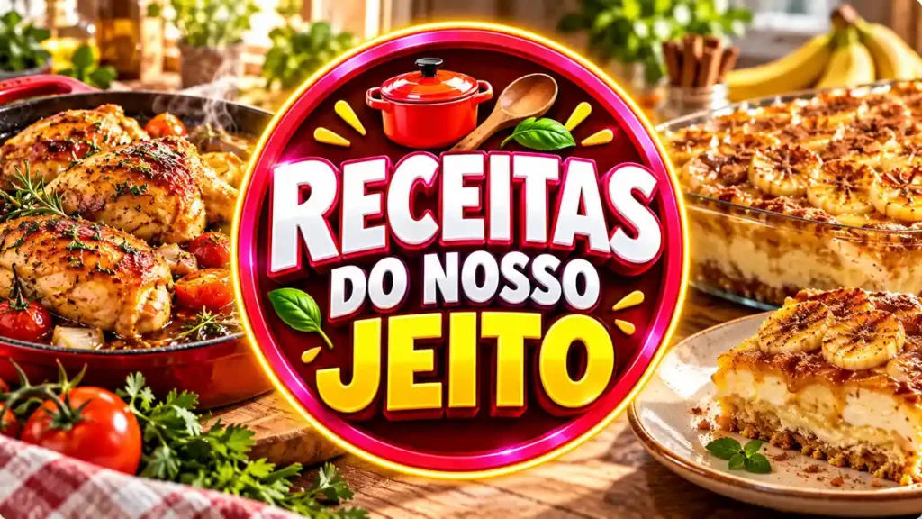 Ilustração editorial do tema Receitas do Nosso Jeito com pratos caseiros em ambiente de cozinha