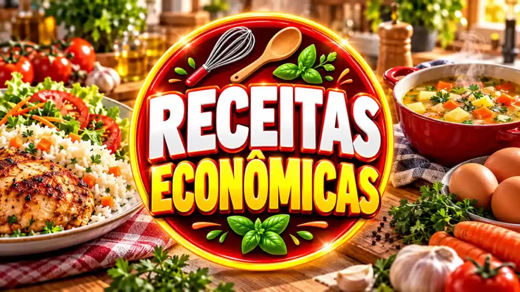 Ilustração editorial do tema Receitas Econômicas com pratos caseiros em ambiente de cozinha