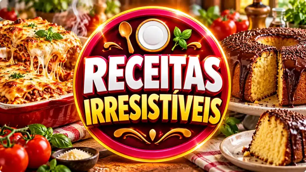 Ilustração editorial do tema Receitas Irresistíveis com pratos caseiros em ambiente de cozinha