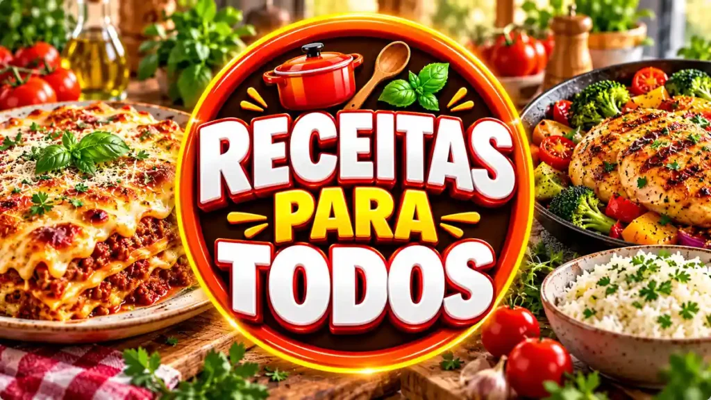 Ilustração editorial do tema Receitas para Todos com pratos caseiros em ambiente de cozinha