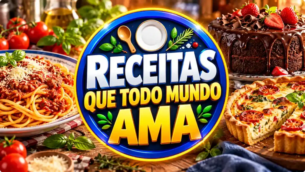 Ilustração editorial do tema Receitas que Todo Mundo Ama com pratos caseiros em ambiente de cozinha