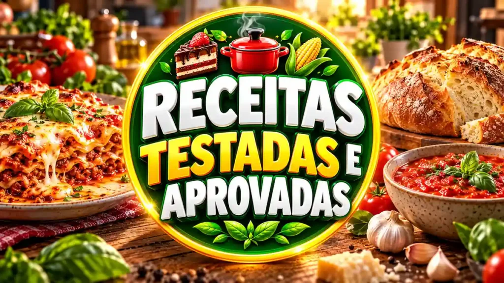 Ilustração editorial do tema Receitas Testadas e Aprovadas com pratos caseiros em ambiente de cozinha