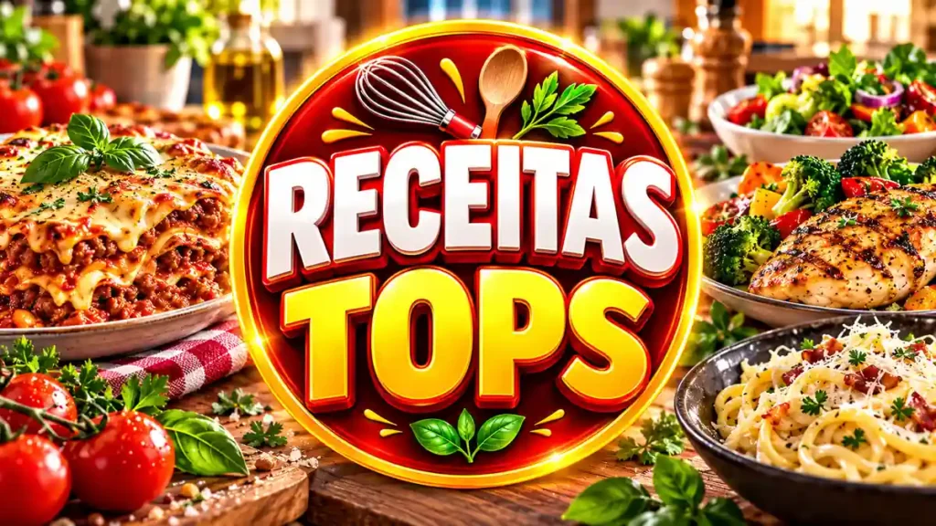 Ilustração editorial do tema Receitas Tops com pratos caseiros em ambiente de cozinha