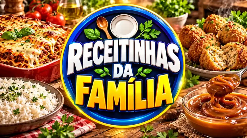 Ilustração editorial do tema Receitinhas da Família com pratos caseiros em ambiente de cozinha