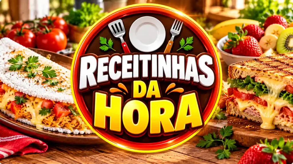 Ilustração editorial do tema Receitinhas da Hora com pratos caseiros em ambiente de cozinha