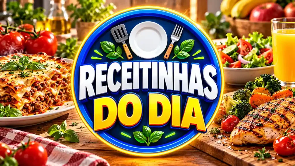 Ilustração editorial do tema Receitinhas do Dia com pratos caseiros em ambiente de cozinha