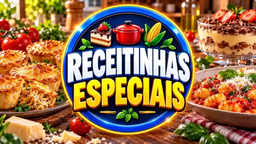Ilustração editorial do tema Receitinhas Especiais com pratos caseiros em ambiente de cozinha