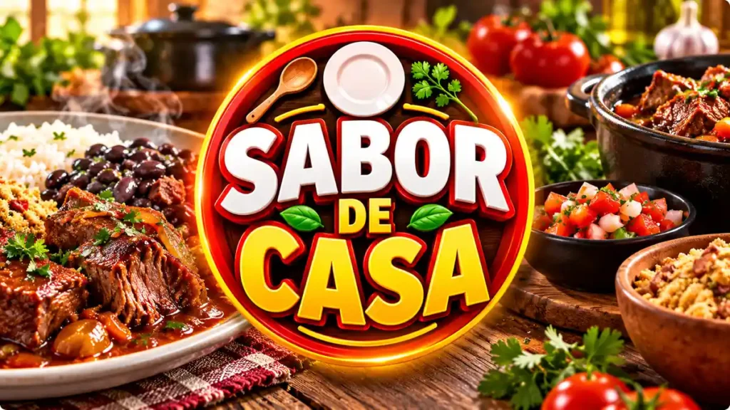 Ilustração editorial do tema Sabor de Casa com pratos caseiros em ambiente de cozinha