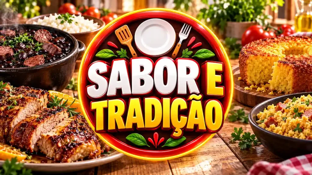 Ilustração editorial do tema Sabor e Tradição com pratos caseiros em ambiente de cozinha