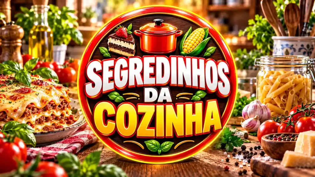 Ilustração editorial do tema Segredinhos da Cozinha com pratos caseiros em ambiente de cozinha